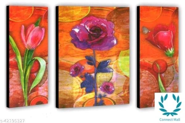 RM Style set of 3 pieces Flowers UV wall Decor & Gifting painting  - Wood, Painted, Pack of3